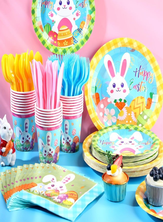 FoldTier 171 Pcs Happy Easter Party Supplies Disposable Easter Tableware Set with Bunny Colorful Eggs Plates Napkins Cups Banner Plastic Tablecloths for Easter Spring Holiday Party Decoration Serve 24 - Image 2